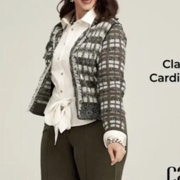 Cabi Classic Fringe 100% Cotton Open Cardigan Sweater Brown Plaid - Picture 2 of 10